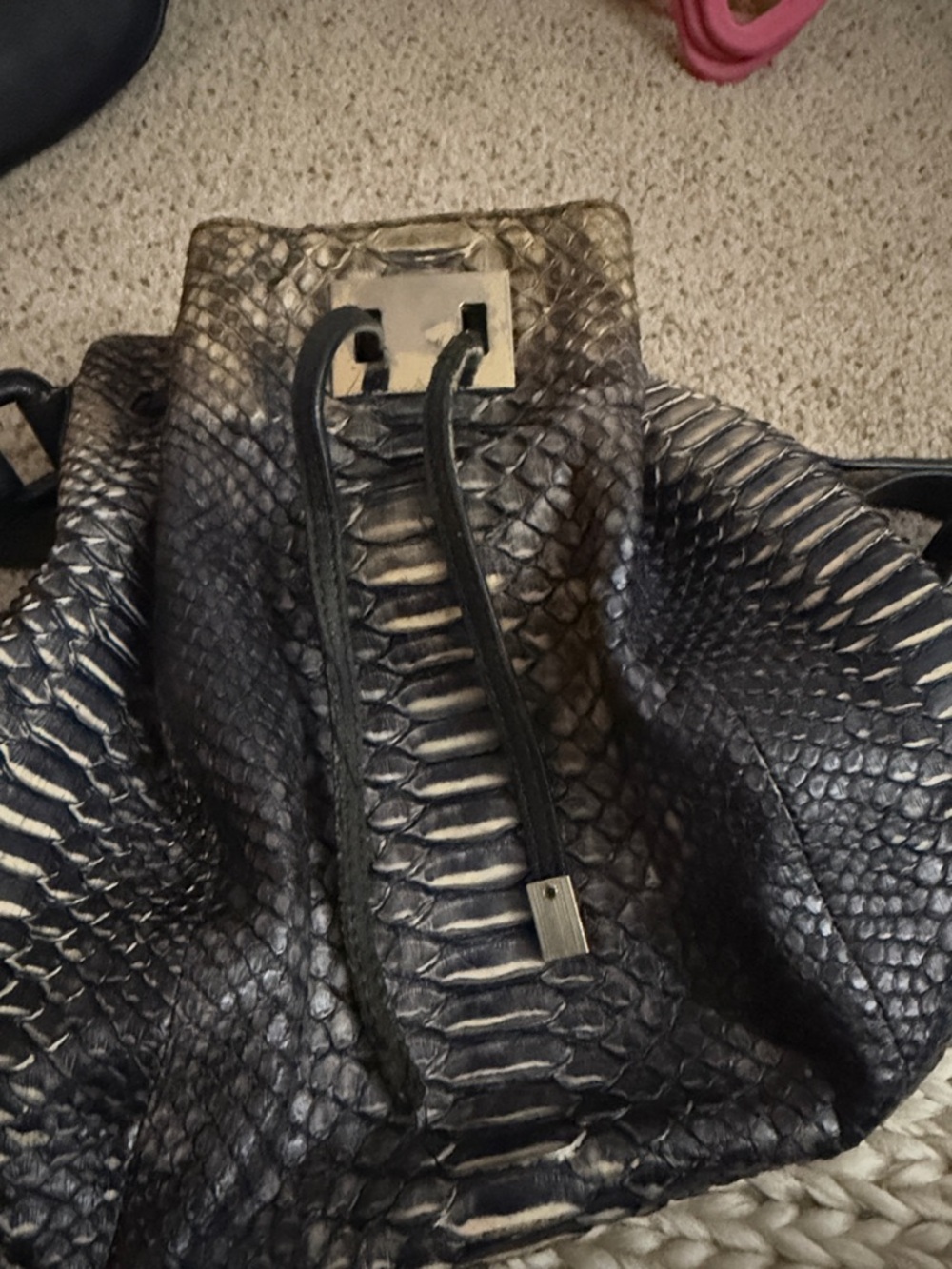 Black Python-Texture Drawstring Satchel - Picture 5 of 6